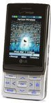 LG VX9400 phone, front view, with black upper screen and silver lower keypad open