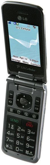 LG Wine II flip phone, open, displaying home screen with date and time, showing numeric keypad and controls below screen
