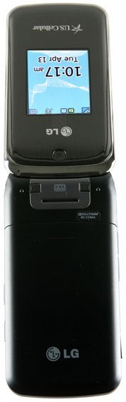 LG Wine II flip phone, open position, showing small blue screen with time display and black exterior