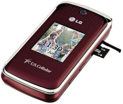 LG Wine II flip phone front view with open screen displaying time and date, burgundy exterior with silver trim