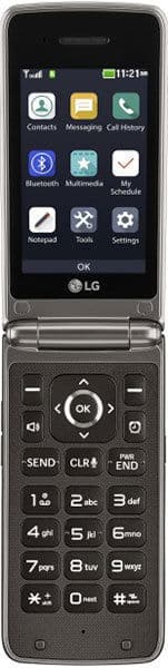 LG Wine 4 flip phone, open, showing touchscreen display with apps above and physical keypad below