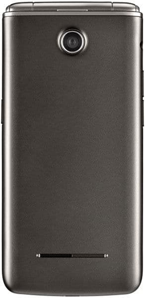 LG Wine 4 flip phone, rear view, showing dark gray metallic clamshell design with camera lens and speaker grille