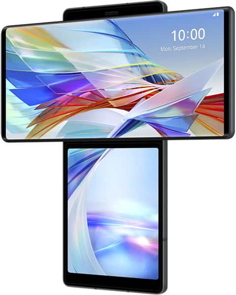 Front view of LG Wing showing T-shaped dual screens: main display in landscape on top, smaller portrait screen below.