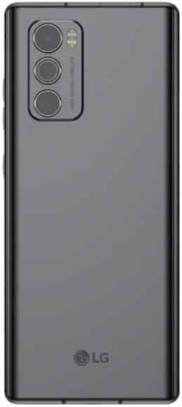 LG Wing rear view: gray finish, triple vertical cameras with flash at top, LG logo near bottom.