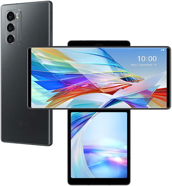 LG Wing rear view shows triple cameras; front view displays main screen (landscape) and smaller portrait screen in T-shape.