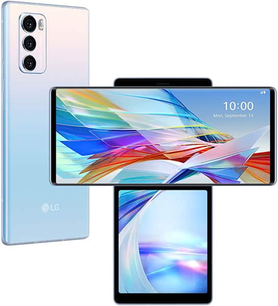 Front view of a light blue LG Wing with main screen rotated horizontally, revealing a second screen beneath; time shows 10:00.