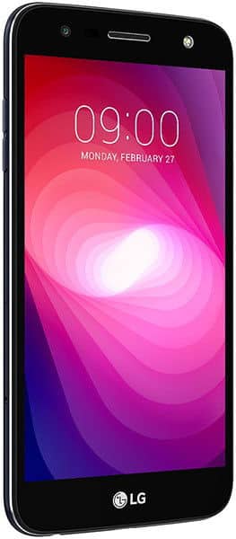 LG X Power 2 smartphone, front view, displaying pink gradient wallpaper with time 09:00 and date on screen
