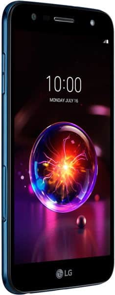 LG X Power 3 smartphone front view with glowing orb graphic on display showing 10:00 and Monday July 16