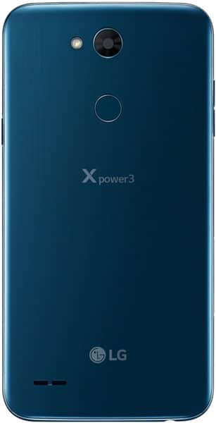 LG X Power 3 rear view, blue finish, showing camera, fingerprint sensor, and LG logo