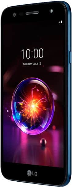 LG X Power 3 front view with glowing circular design on screen displaying time and date