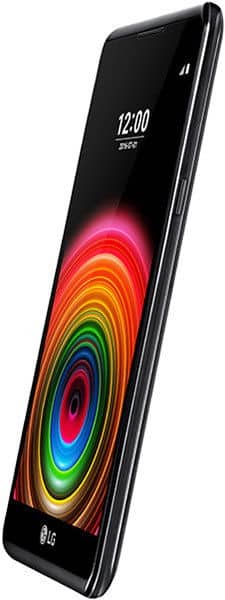 LG X Power smartphone angled front view, displaying colorful concentric circle pattern on screen with time 12:00