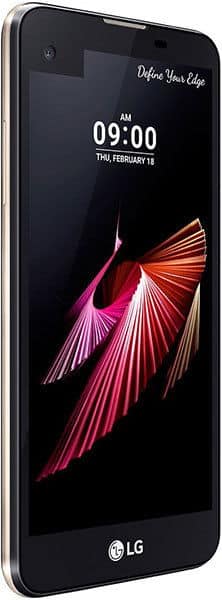 LG X Screen smartphone displayed at an angle, showing a black screen with pink and red abstract graphics and the time 09:00