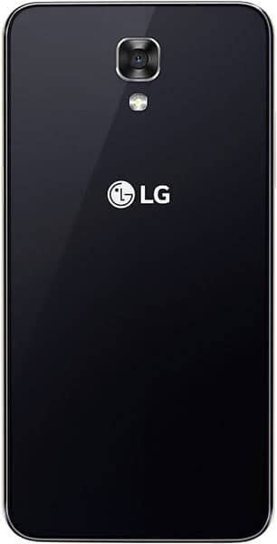 LG X Screen smartphone rear view, black back panel with camera and LG logo