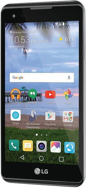 LG X Style smartphone front view displaying home screen with weather widget, Google search bar, and app icons