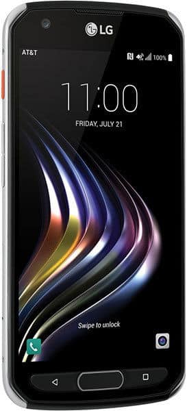LG X Venture front view, displaying lock screen with time 11:00 and colorful light streaks on black background