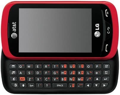 LG Xpression front view, red and black slider phone with QWERTY keyboard extended and blank screen