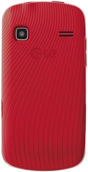 LG Xpression red phone, rear view, showing textured ribbed back cover and camera lens