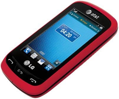 LG Xpression red phone, front view, displaying blue home screen with app icons and AT&T carrier logo