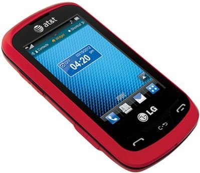 LG Xpression front view, red slider phone with blue screen display and AT&T branding