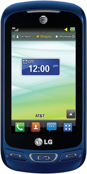 LG Xpression front view, blue phone with clock widget displaying 12:00 pm on screen and app icons at bottom