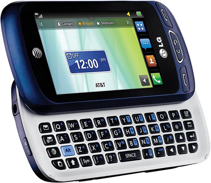 LG Xpression front view with touchscreen displaying time and AT&T branding, sliding QWERTY keyboard below