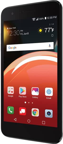 LG Zone 4 smartphone displaying home screen with weather widget, Google search bar, and app icons in red and orange design