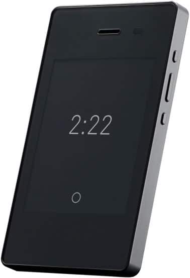Light Phone II front view displaying time 2:22 on black screen with minimal interface