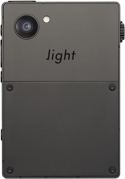 Light Phone III rear view, showing dark gray exterior with circular camera lens and "light" text branding