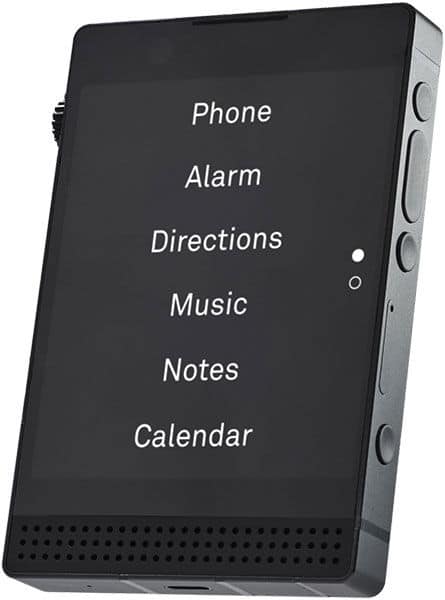 Light Phone III front view displaying menu options: Phone, Alarm, Directions, Music, Notes, Calendar