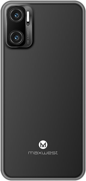 MaxWest Nitro N62 rear view, black smartphone with dual rear cameras and MaxWest logo