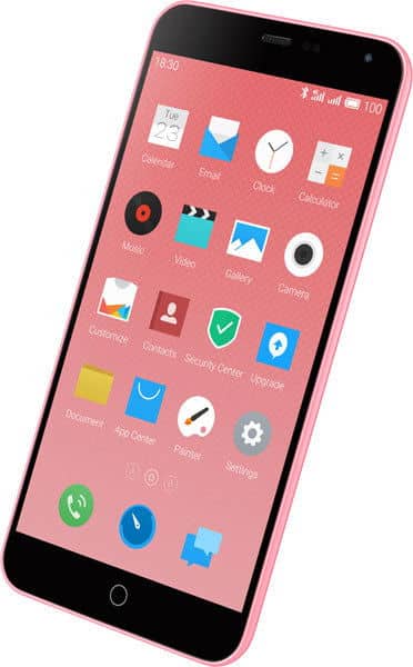 Meizu M1 Note front view, pink smartphone displaying home screen with colorful app icons on coral background