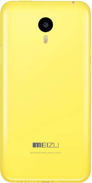 Meizu M1 Note rear view, yellow plastic back with black camera lens and flash