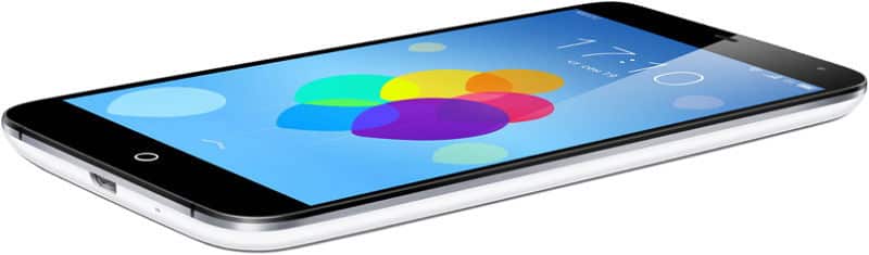 Meizu MX3 smartphone displayed at an angle, showing a screen with colorful circular design elements on blue background