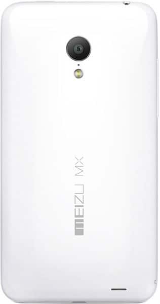 Meizu MX3 rear view, white phone with camera lens and flash above center, Meizu branding visible on back