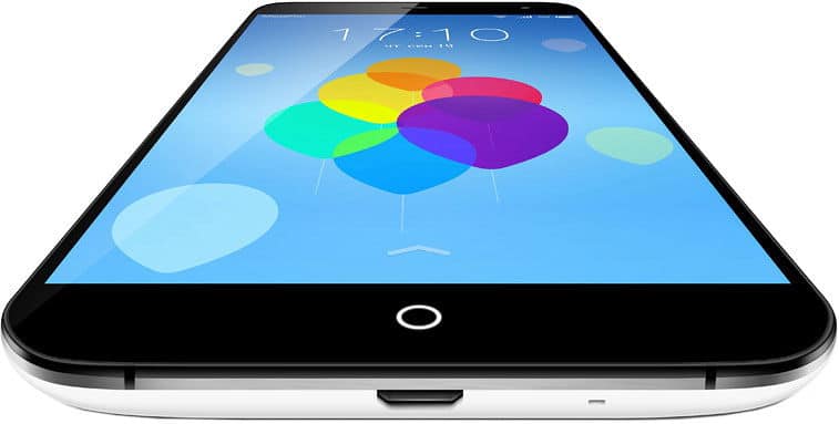 Meizu MX3 front view, black and white smartphone displaying blue wallpaper with colorful overlapping circles