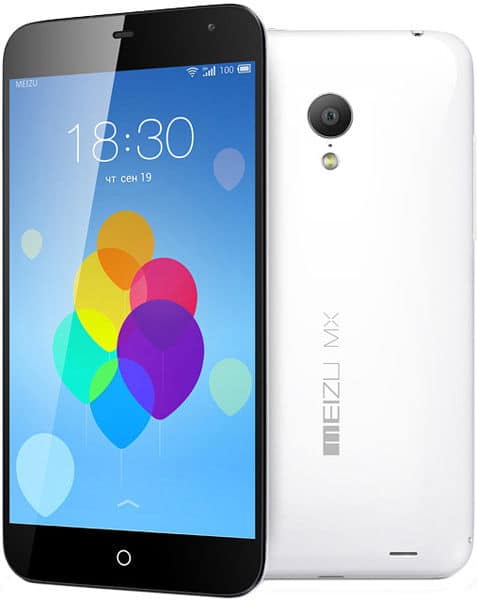 Meizu MX3 front and rear view, white phone displaying colorful balloon wallpaper at 18:30