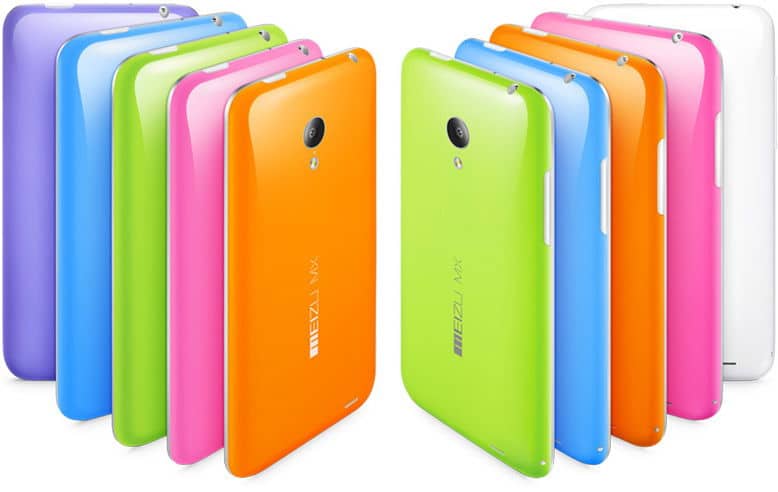 Meizu MX3 phones in multiple color variants displayed in two groups showing rear view with camera lens visible
