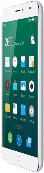 Meizu MX4 smartphone front view, white with green home screen displaying apps and widgets