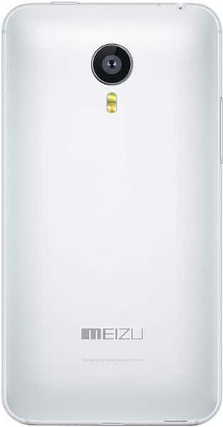 Meizu MX4 rear view, white, showing camera lens and gold flash accent