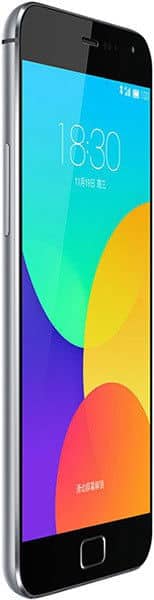 Meizu MX4 Pro smartphone displayed at an angle, showing its front screen with colorful gradient wallpaper and physical home button
