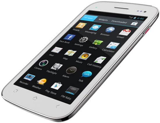 Micromax A110Q Canvas 2 Plus front view, white smartphone displaying home screen with app icons