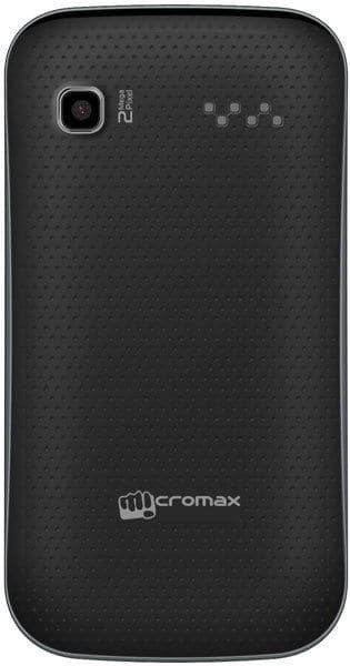 Micromax A27 Ninja rear view showing black textured back with camera, status lights, and Micromax branding