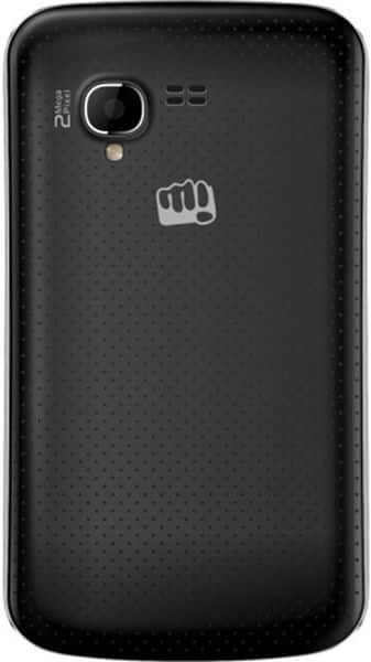 Micromax A34 rear view, black back panel with fist logo and camera lens