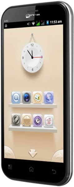 Micromax A40 Bolt smartphone displaying home screen with clock widget and app icons, front view
