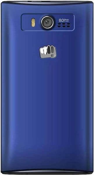 Micromax Bolt A075 rear view, blue phone with camera, flash, and fist logo