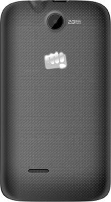 Micromax Bolt A37B rear view, black phone with textured back and centered logo
