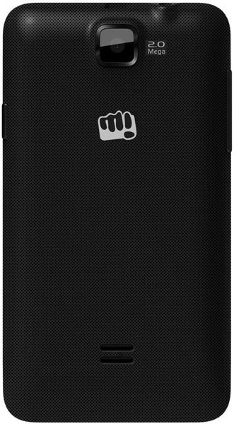 Micromax Bolt A58 rear view, black textured back with fist logo and 2.0 Megapixel camera