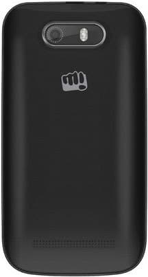 Micromax Bolt A59 rear view, black smartphone showing camera and fist logo