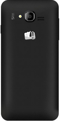 Micromax Bolt A69 rear view, black textured plastic back with camera lens and speaker grille
