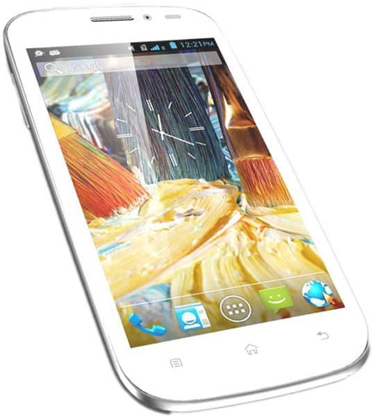 Micromax Bolt A71 smartphone front view, white, displaying home screen with painted brush imagery and app icons